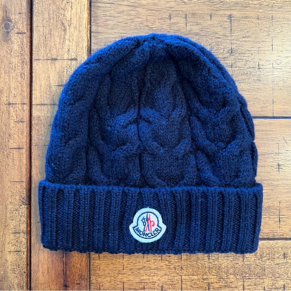 Moncler Size Small Boys Night Blue Cable Knit Berretto Wool Beanie Hat Toboggan